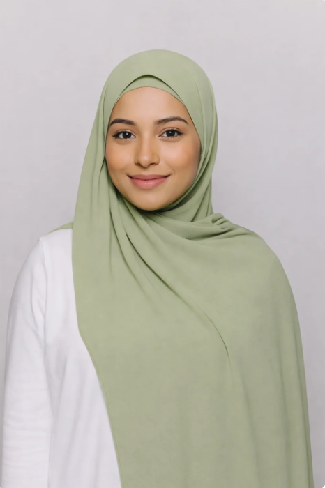 Woman wearing a light green hijab against a plain background