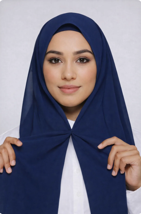 Woman wearing a navy blue hijab against a white background